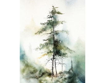 Pine Tree Watercolor Painting Misty Forest Landscape Evergreen Tree Poster Green Gray Neutral Wall Art