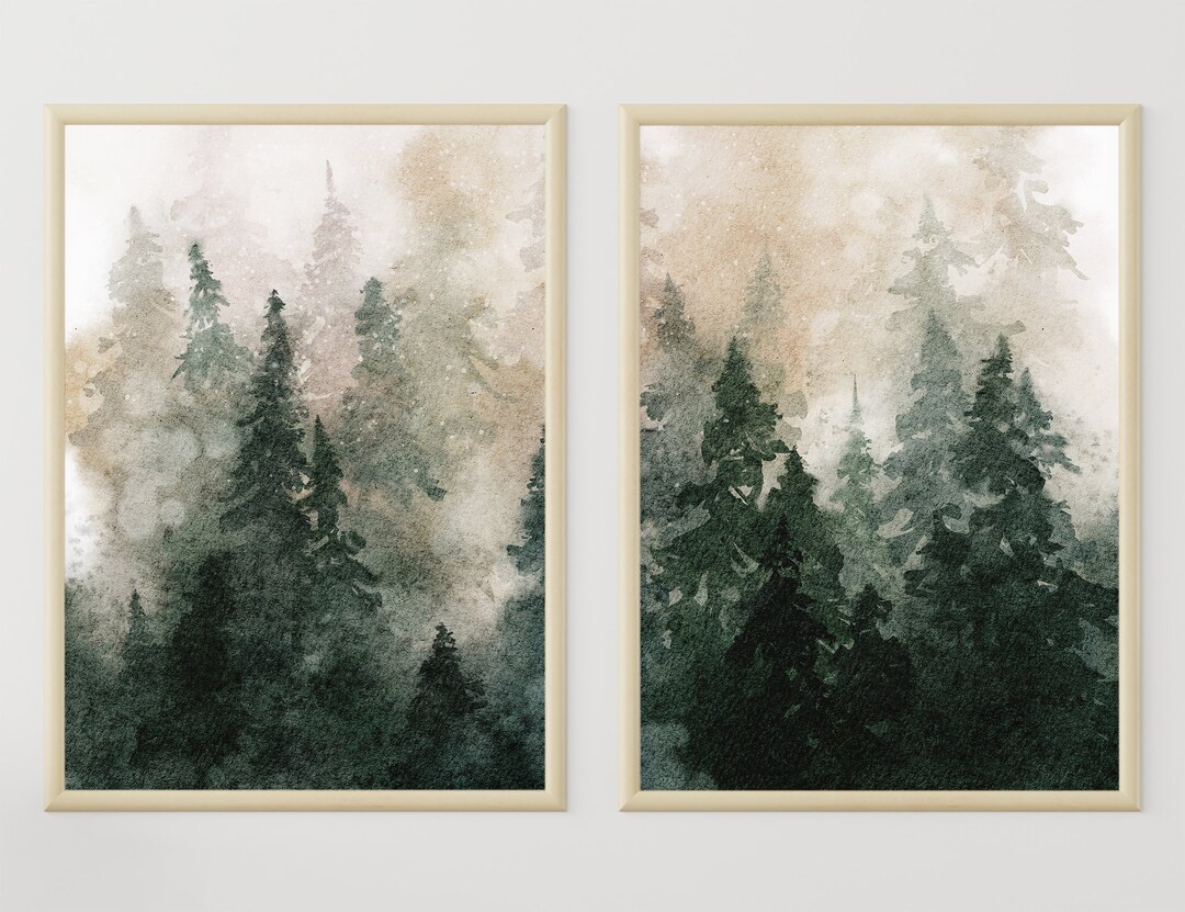 Pine Forest Watercolor Print Set Misty Evergreen Landscape Wall Art - Etsy