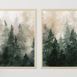 Pinien 2er Set Aquarell Malerei Wald Landschaft Neblige Landschaft Immergrüne Bäume Kunstdruck Natur Poster