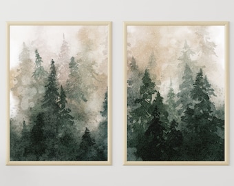 Pine Forest Watercolor Print Set Misty Evergreen Landscape Wall Art