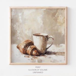Impresión de croissant y café, naturaleza muerta, pintura, póster de comida, decoración de pared de cocina, postre, impresión de una pintura al óleo original