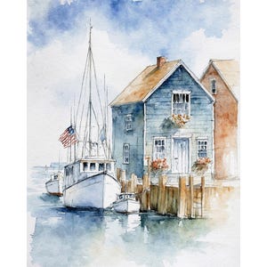 May include: A watercolour painting depicting a coastal scene with a blue house situated on a wooden dock. A white fishing boat with an American flag is moored alongside the dock, with smaller boats nearby on the blue water under a cloudy sky.