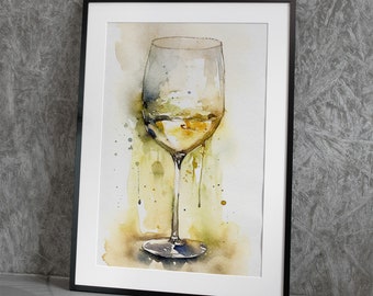 White Wine Watercolor Painting Kitchen Bar Art Print Wine Art - Etsy