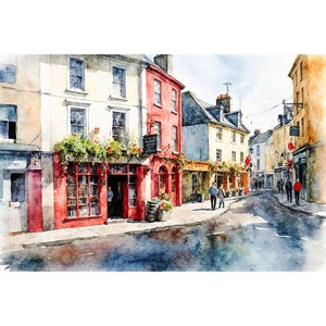 Galway akvarelltryck Irland målning Irländsk stadsbild Poster Quay Street väggkonst Gamla stan konstverk