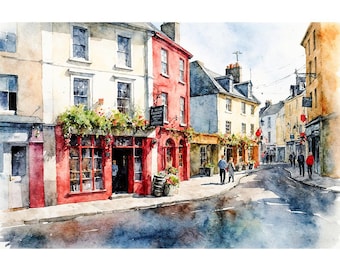 Galway Watercolor Print Ireland painting Irish Cityscape Poster Quay Street Wall Art Old Town Artwork