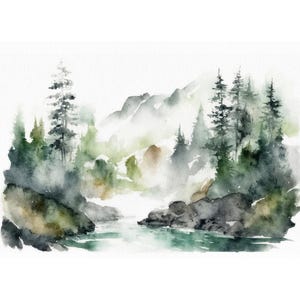 May include: Watercolor painting of a serene forest landscape. The artwork depicts a river flowing through a valley, surrounded by lush green trees and misty mountains in the background. The color palette includes shades of green, gray, and brown.