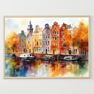 Pintura de Ámsterdam Paisaje urbano Acuarela Arquitectura Acuarela Impresión artística Obra de arte del casco antiguo