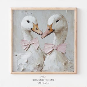 カップルのガチョウの油絵ピンクの弓のアートワークニュートラルな壁アートロマンチックなギフトベージュピンクオリジナルの油絵からの印刷