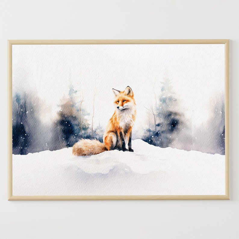 May include: A watercolor painting of a red fox sitting in a snowy forest. The fox is looking to the right, and the background is a soft blue and gray.