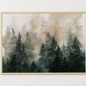 Pine Forest Watercolor Misty Forest Art Print Pine Tree Painting Panoramic Landscape Neutral Large Watercolor