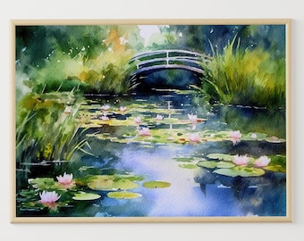 睡蓮の池の水彩画 モネの池のアートプリント 緑と青の壁アート 夏の