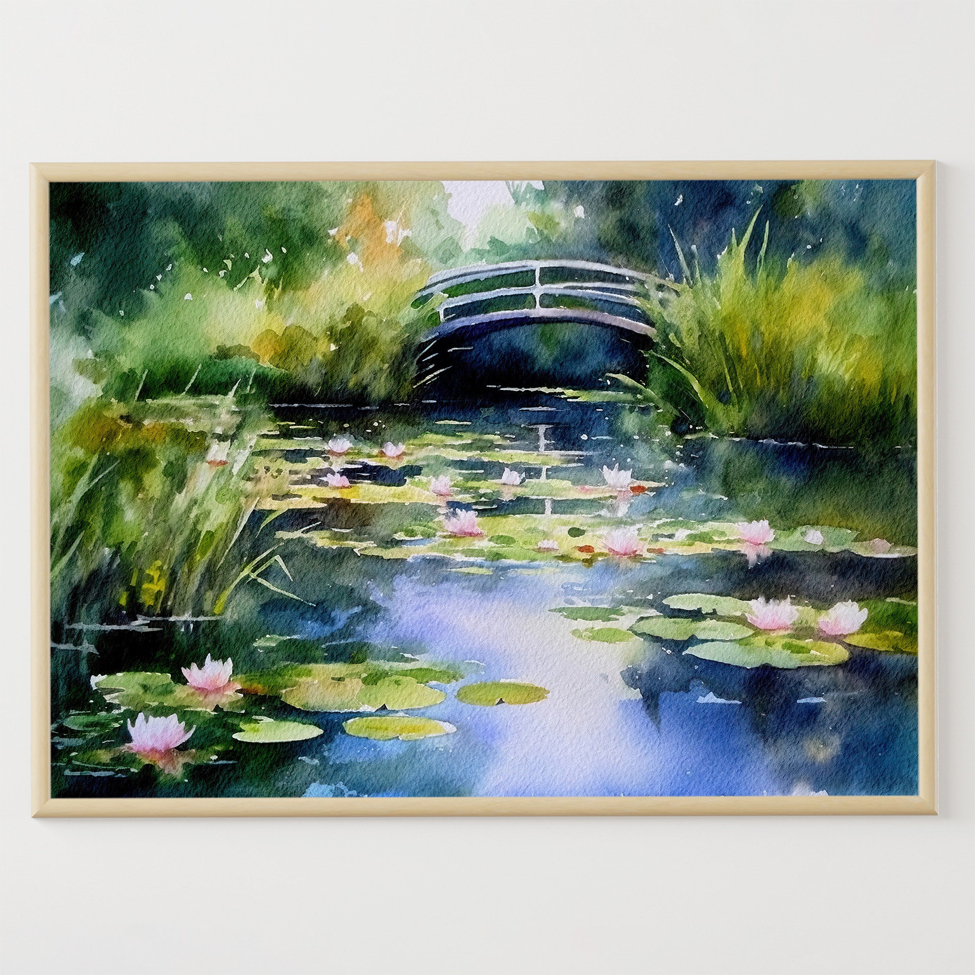 睡蓮の池の水彩画 モネの池のアートプリント 緑と青の壁アート 夏の