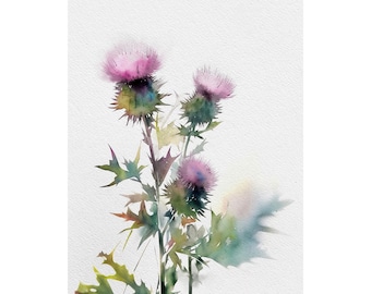 Thistle Watercolor Painting Scottish Flowers Art Print Wildflowers Wall Art  Floral Poster