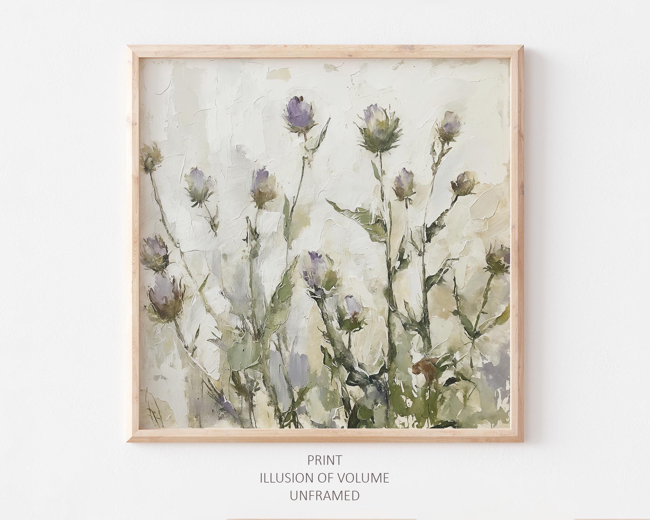 アザミの絵 アザミの花の油絵 草原の絵画 野生の花 壁アート スコットランドの風景