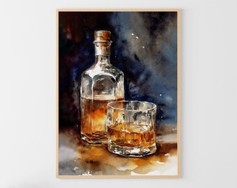 Bouteille de whisky, peinture à l'aquarelle, affiche de boisson à l'ancienne, impression d'art de boisson alcoolisée, décoration murale de bar