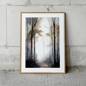 May include: A framed watercolor painting of a forest path with tall trees and a misty background. The trees are painted in shades of brown, gray, and green, and the path is a light brown color.