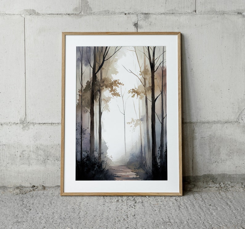 May include: A framed watercolor painting of a forest path with tall trees and a misty background. The trees are painted in shades of brown, gray, and green, and the path is a light brown color.