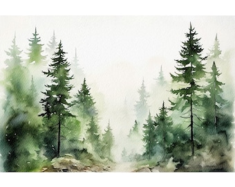 Evergreen Trees Painting Pine Forest Watercolor Misty Forest Art Print Forest Landscape