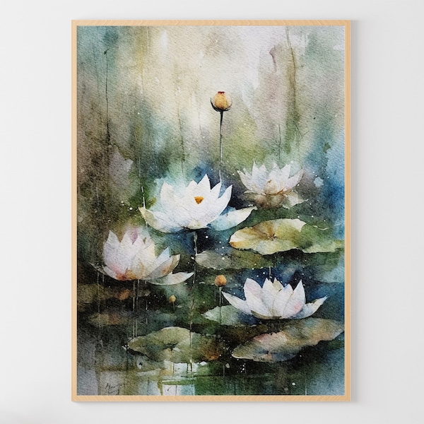 Weißer Lotus Aquarell Malerei Seerose Kunstdruck Lotus Teich Kunstwerk Blumen Wandkunst