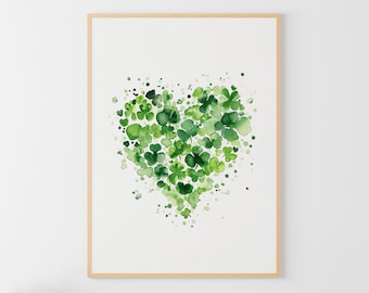 Póster del Día de San Patricio con pintura en acuarela de corazón de trébol, impresión artística de trébol, decoración irlandesa para el hogar