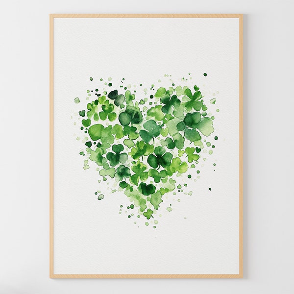 Póster del Día de San Patricio con pintura en acuarela de corazón de trébol, impresión artística de trébol, decoración irlandesa para el hogar