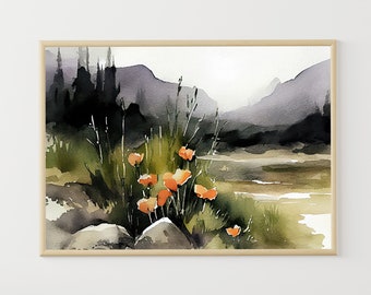 California Poppy Art Print Mountains Watercolor California Landscape Mountain Valley Wall Art