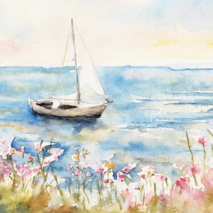 Pintura de la costa de Cape Cod, velero, acuarela, impresión, playa, rosas, obra de arte, paisaje marino, póster, decoración de pared de casa de playa