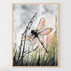 Dragonfly Art Print Watercolor Painting Insect Poster Meadow Artwork Wildflowers Wall Art