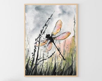 Dragonfly Art Print Watercolor Painting Insect Poster Meadow Artwork Wildflowers Wall Art