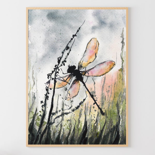 Dragonfly Art Print aquarel insect poster weide artwork wilde bloemen kunst aan de muur