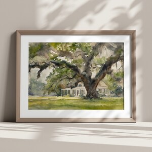 May include: A watercolor painting of a white house with a large oak tree in front of it. The house has a porch and a green lawn. The tree has green leaves and branches that extend over the house.