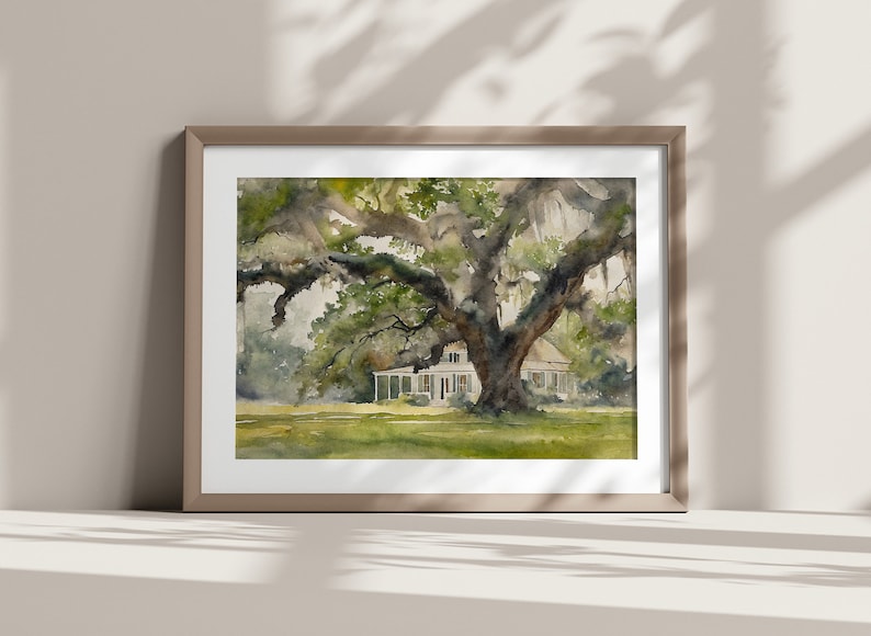 May include: A watercolor painting of a white house with a large oak tree in front of it. The house has a porch and a green lawn. The tree has green leaves and branches that extend over the house.