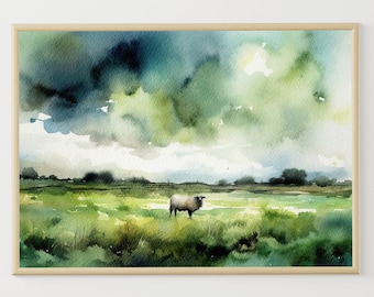 Sheep Painting Irish Landscape Watercolor Lamb Artwork Ireland Wall Art Green Nature Art Print