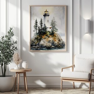 Akvarellmålning av fyr, konsttryck av Stora sjön, kanadensiskt landskap, tallar, väggkonst bild 4