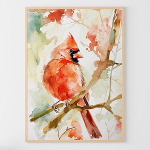 Pintura de acuarela de cardenal rojo, impresión artística de pájaro, arte de pared de bosque, obra de arte animal, decoración de pared rústica