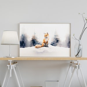 May include: A watercolor painting of a red fox sitting in a snowy forest. The fox is looking to the right, and the background is a soft blue and gray.