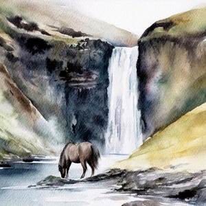 Iceland Waterfall Watercolor Art Print: Skogafoss & Horse