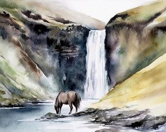 Iceland Waterfall Watercolor Art Print: Skogafoss & Horse