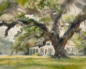 Audubon Park Watercolor Print: New Orleans Old Oak Landscape