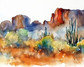Arizona Desert Watercolor Painting Saguaro Art Print Desert Landscape Cacti Artwork