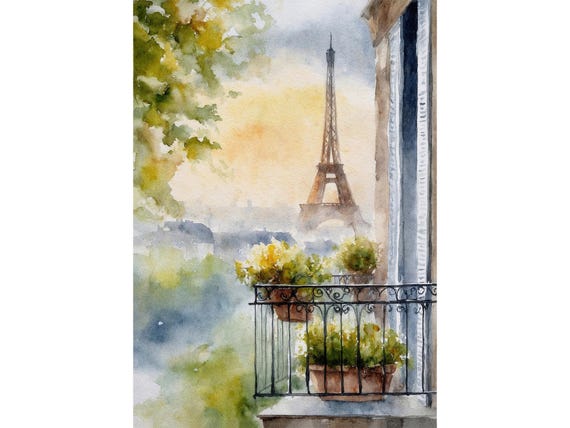 エッフェル塔の水彩画：バルコニーからの眺め、パリの街並み - Etsy 日本