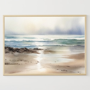 Ozean Strand Gemälde Meerlandschaft Aquarell Kunstdruck Neutral Wand Kunst ruhiges Meer Poster