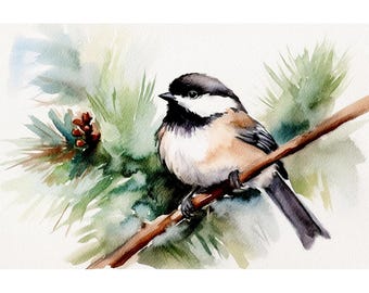 Chickadee Watercolor Painting Little Forest Bird Art Print Pine Tree Poster Woodland Wall Art