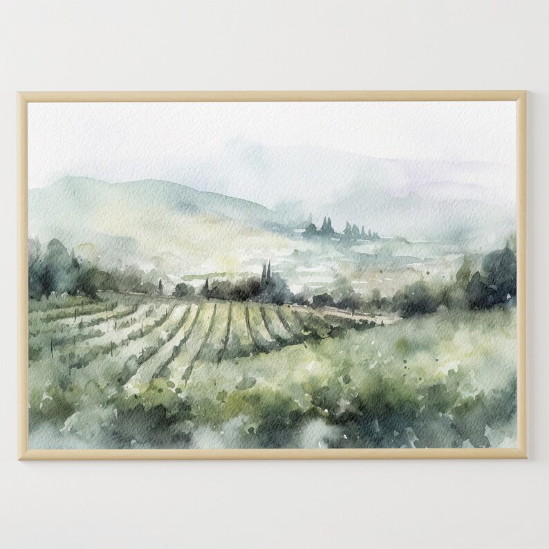 May include: A watercolor painting of a vineyard landscape with rolling hills, green vines, and a hazy sky. The painting has a soft, muted color palette and a dreamy, atmospheric feel.