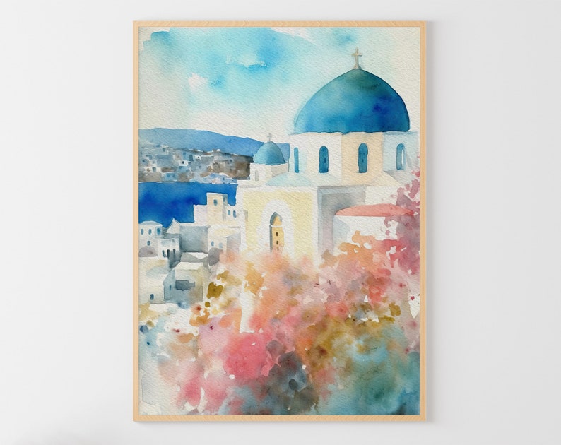 Santorini Art Print Greek Old Town Painting Cityscape Watercolor Mediterranean Landscape image 3