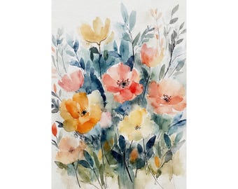 Wildblumen Aquarell Druck Frühling Wiese Gemälde Feld der Blumen Wandkunst