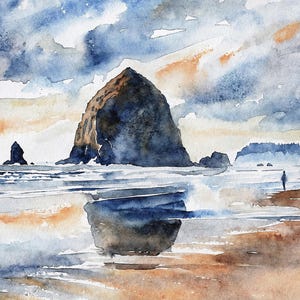 Cannon Beach Watercolor Art Print Haystack Rock Painting Oregon Coast Wall Art Seaside Poster