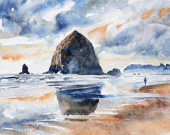 Impresión artística de acuarela de Cannon Beach, pintura rupestre de pajar, arte mural de la costa de Oregón, póster costero