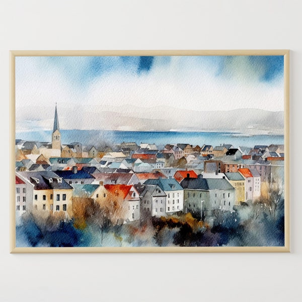 Reykjavik Watercolor Art Print Cityscape Wall Art Icelandic Landscape Travel Poster