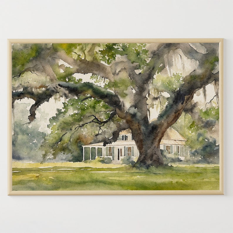 May include: A watercolor painting of a white house with a large oak tree in front of it. The house has a porch and a roof with a slight pitch. The tree has green leaves and branches that extend over the house. The background is a light blue sky with white clouds.